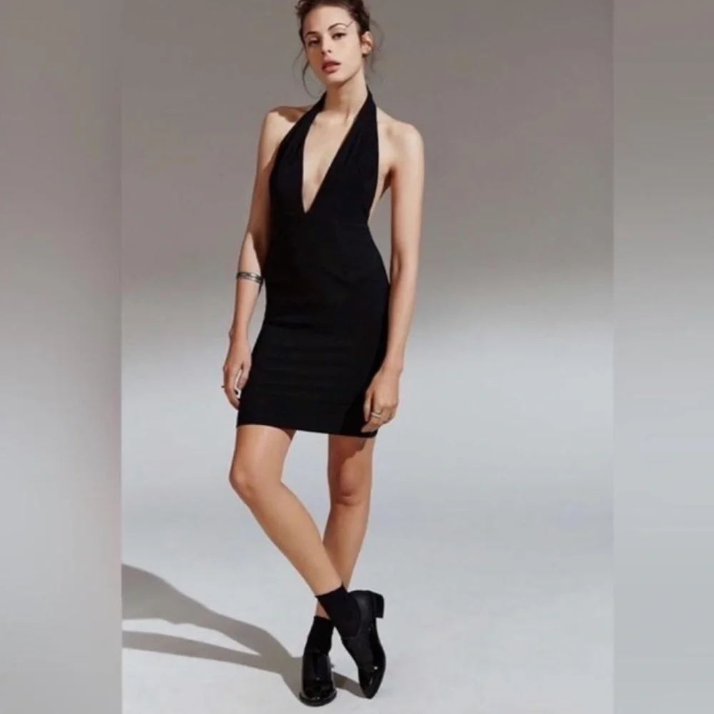 Solace London Elora Black Deep V Halter Open Back Form Fitting Mini Dress
